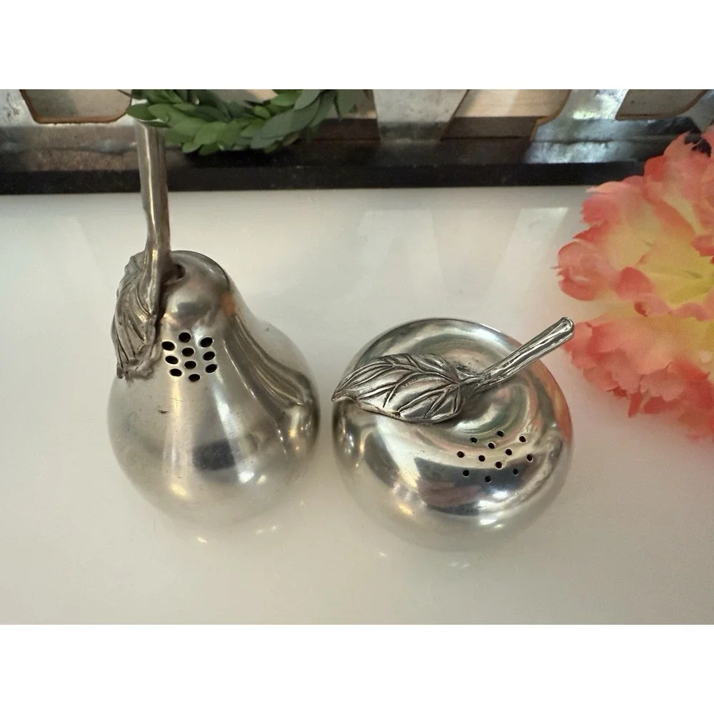 Vintage Kirk Stieff Lenox Pewter Apple & Pear Salt‎ & Pepper Shakers Fruit EUC